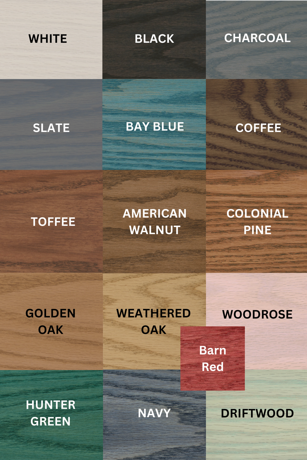 Wood Stain Color Chart- Add color name to NOTES box at checkout